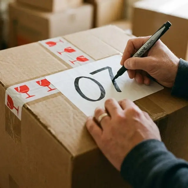 Illustration: a packer writing an item number on a carton label